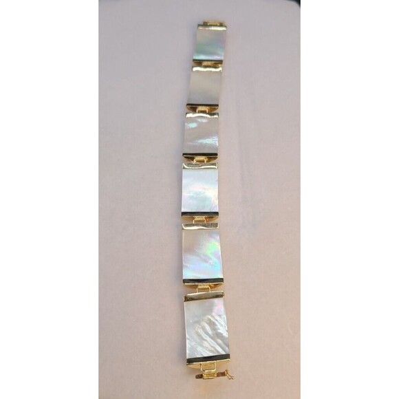 14K Gold Mother Of Pearl Bracelet 7" Long Rectangular Stones - Picture 3 of 8